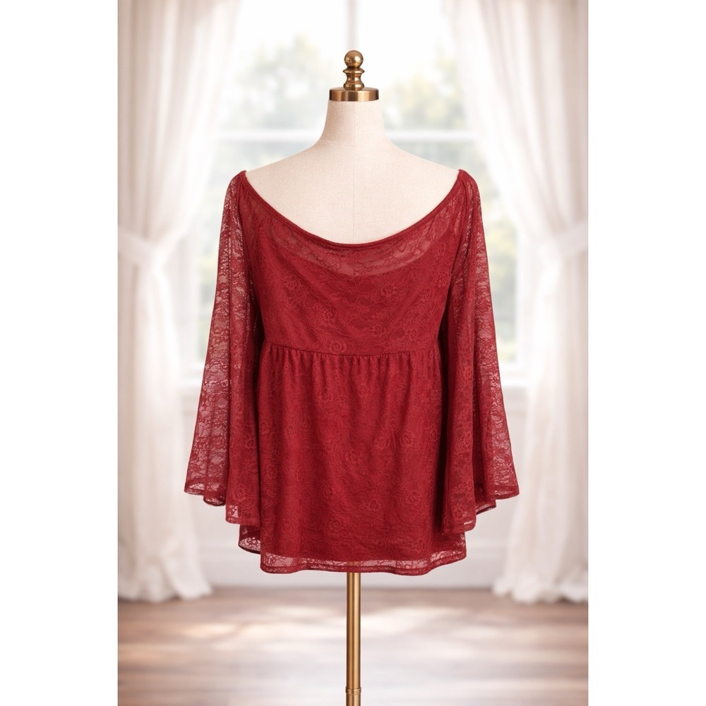 New Torrid Red Lace Babydoll Bell Sleeve Popover Top Size 2 2x Off The Shoulder